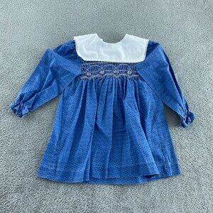 Polly Flinders T-4 Girls Blue Smocked Dress With White Collar Long Sleeves 2069